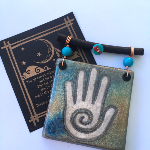 Raku Mini Dreamcatcher Tile Healer's Hand Spiral Glazed with Turquoise and Copper 3"