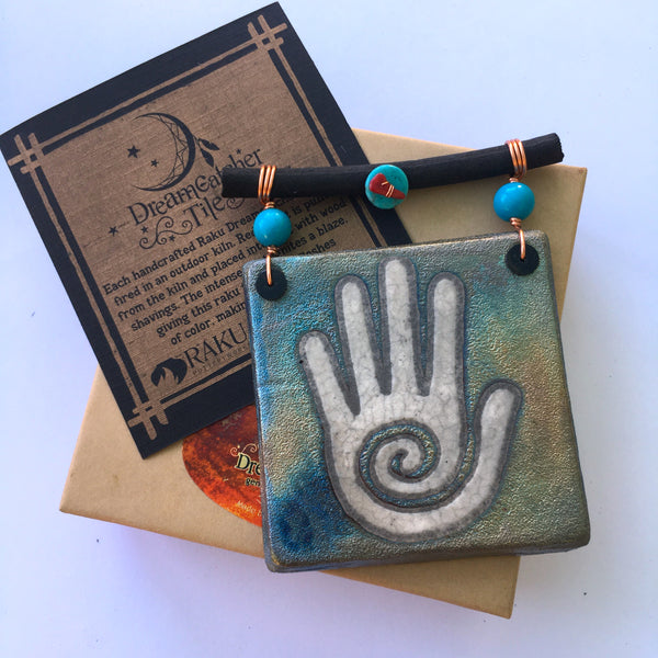 Raku Mini Dreamcatcher Tile Healer's Hand Spiral Glazed with Turquoise and Copper 3"