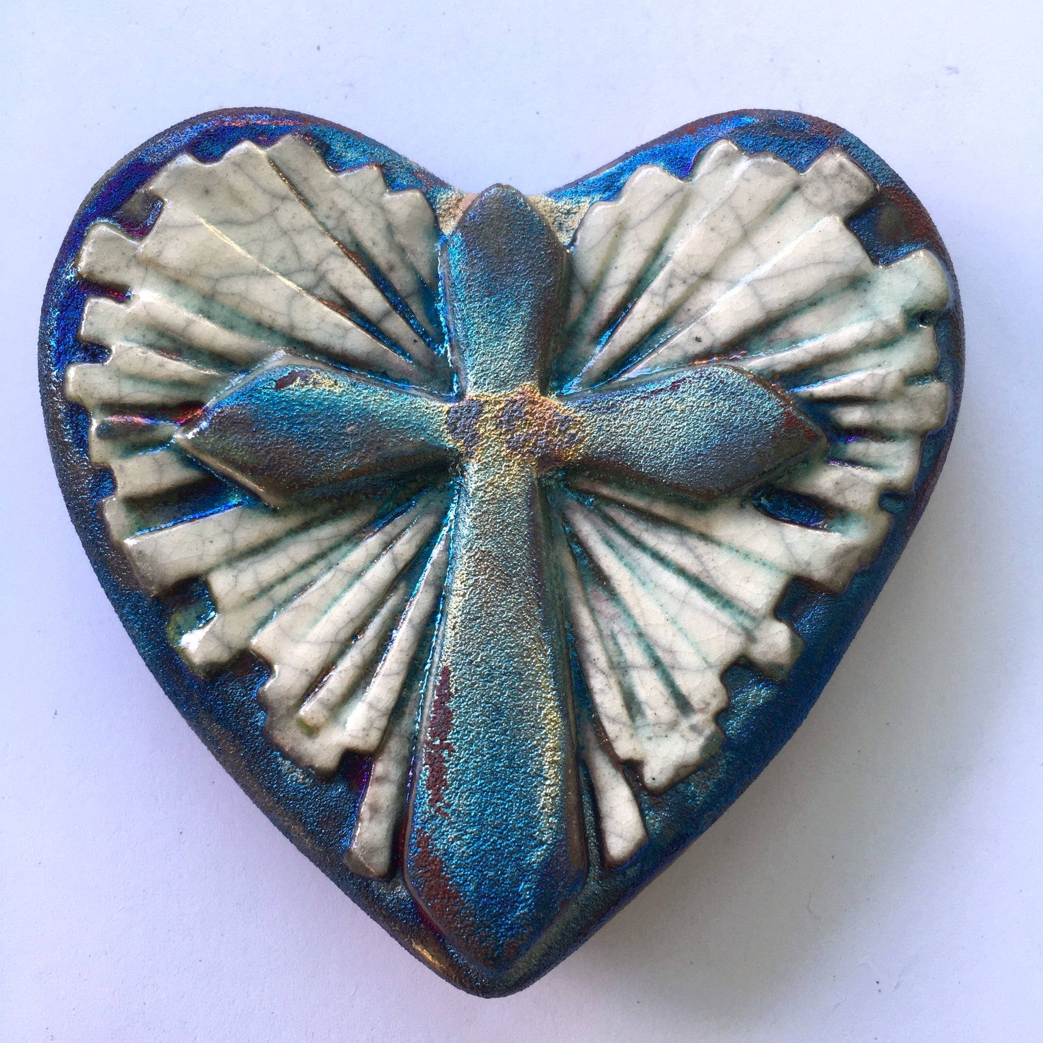 Raku Cross Blessed Heart Glazed  3"