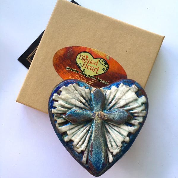 Raku Cross Blessed Heart Glazed  3"