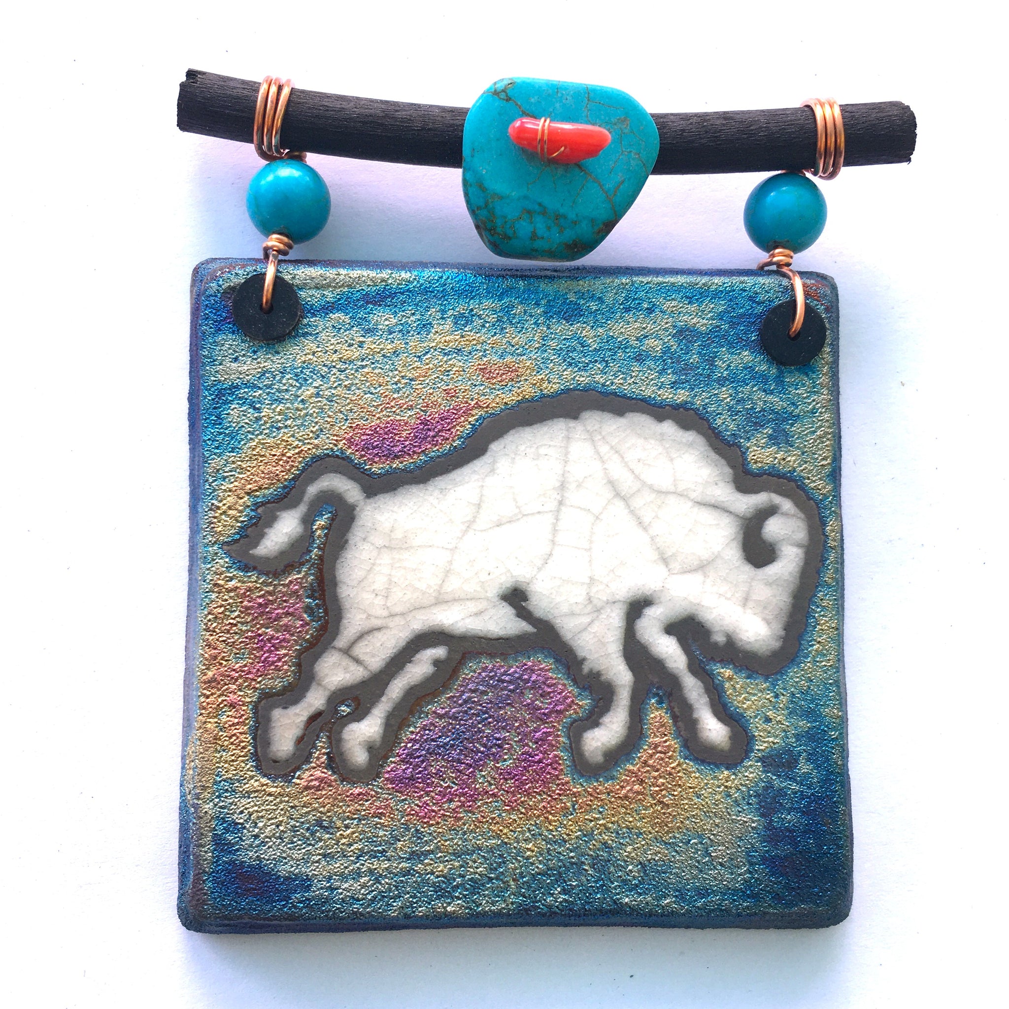 Raku Mini Dreamcatcher Tile Bison Glazed with Turquoise and Copper 3"