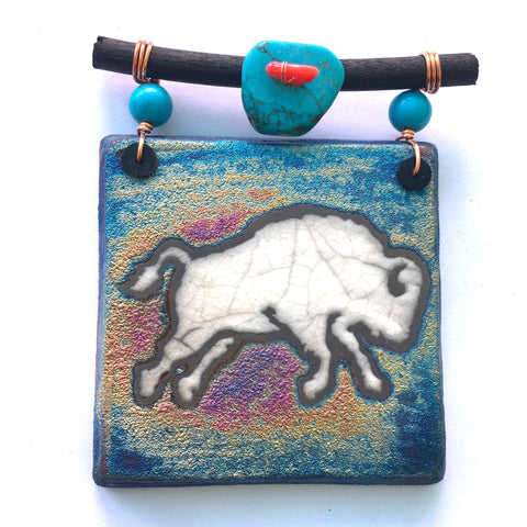 Raku Mini Dreamcatcher Tile Bison Glazed with Turquoise and Copper 3"