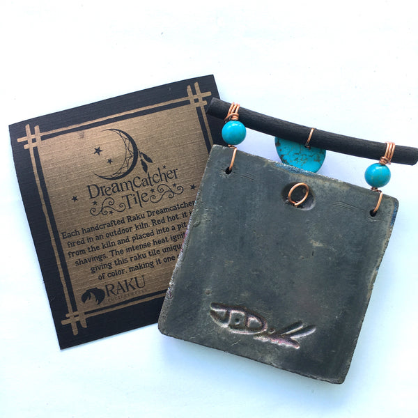 Raku Mini Dreamcatcher Tile Triangle Sacred Geometry Glazed with Turquoise and Copper 3"
