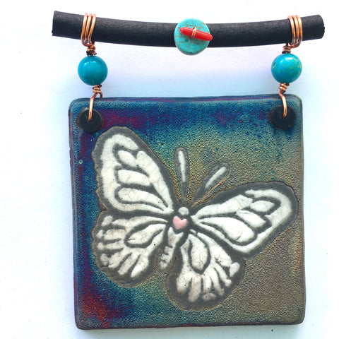 Raku Mini Dreamcatcher Tile Butterfly with Turquoise and Copper 3"