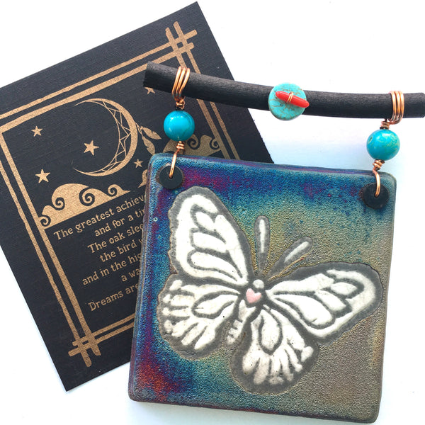 Raku Mini Dreamcatcher Tile Butterfly with Turquoise and Copper 3"