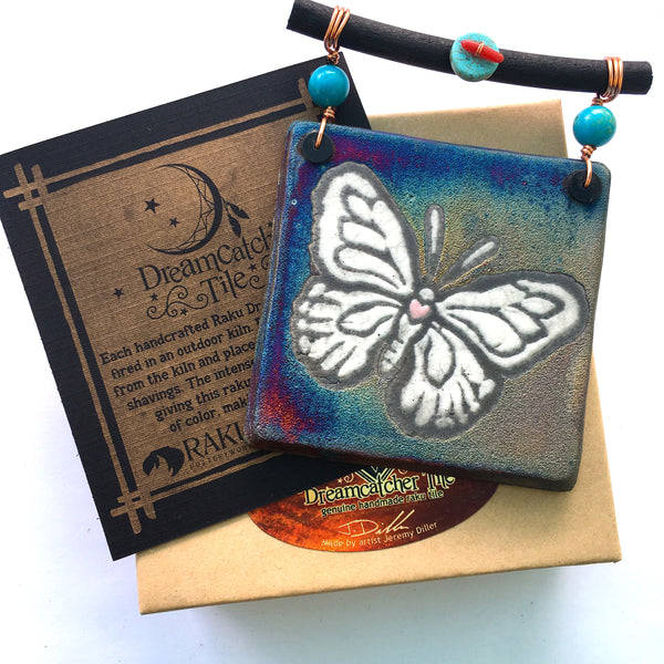 Raku Mini Dreamcatcher Tile Butterfly with Turquoise and Copper 3"