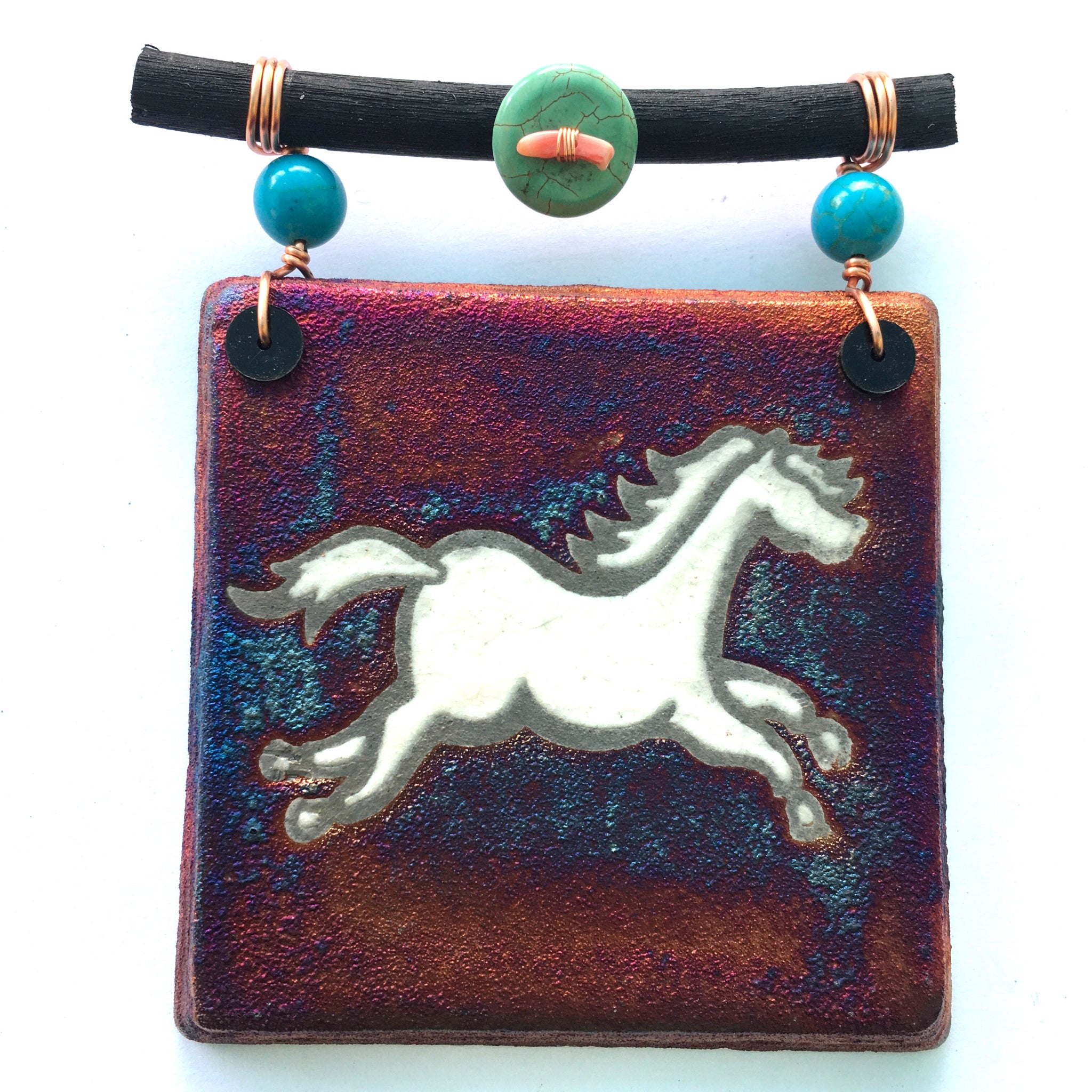 Raku Mini Dreamcatcher Tile Horse Glazed with Turquoise and Copper 3"