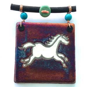 Raku Mini Dreamcatcher Tile Horse Glazed with Turquoise and Copper 3"