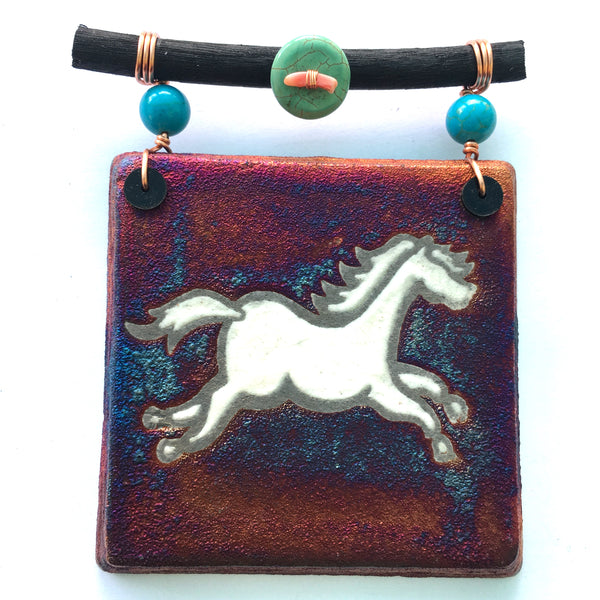 Raku Mini Dreamcatcher Tile Horse Glazed with Turquoise and Copper 3"