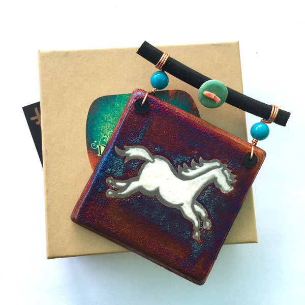 Raku Mini Dreamcatcher Tile Horse Glazed with Turquoise and Copper 3"