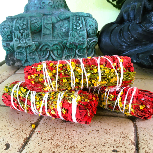 Dragon's Blood White Sage with Baby's Breath Flowers Smudge Stick Bundle 4"