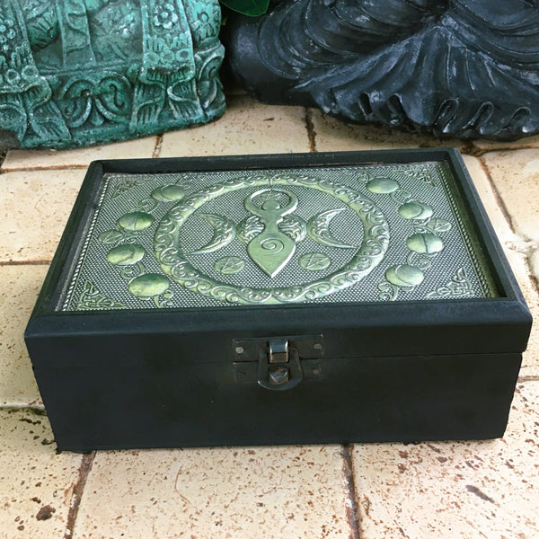 Phase Moon Goddess Mother Earth Chest metal top Jewelry Black Wood Box