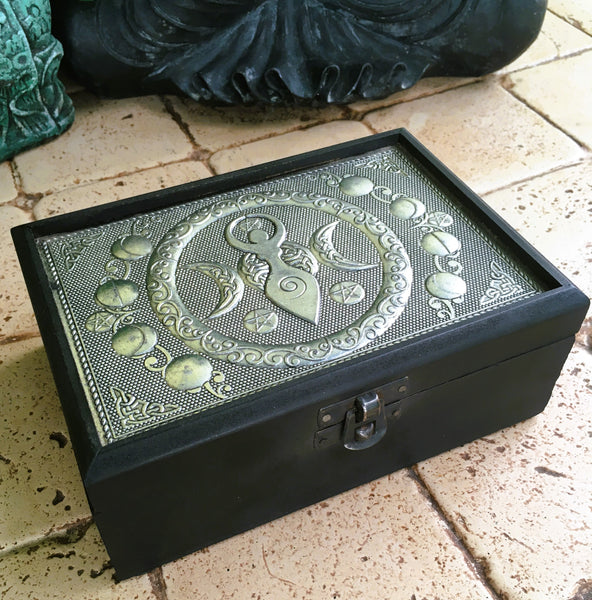 Phase Moon Goddess Mother Earth Chest metal top Jewelry Black Wood Box