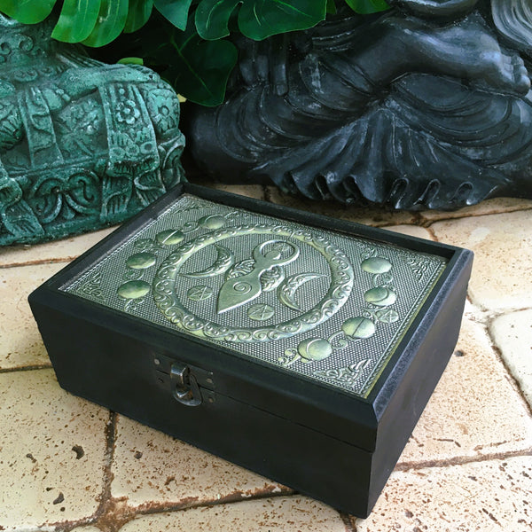 Phase Moon Goddess Mother Earth Chest metal top Jewelry Black Wood Box