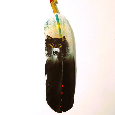 Feather Hand Painted Wolf Smudging White and Black