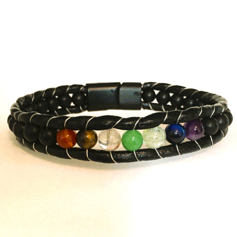 Seven Chakra leather Men's Bracelet Magnetic Clasp