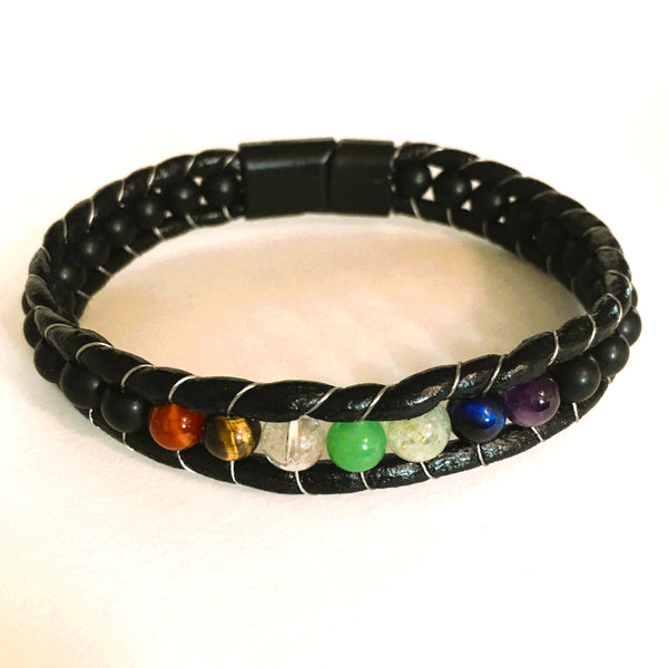 Seven Chakra leather Men's Bracelet Magnetic Clasp