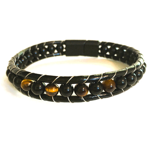 Tiger Eye leather Men's Bracelet Magnetic Clasp