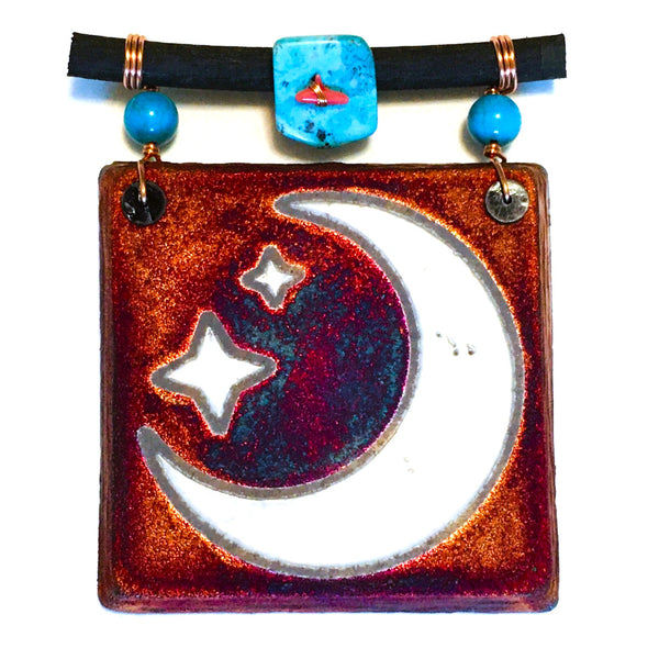 Raku Mini Dreamcatcher Tile Moon & Stars Glazed with Turquoise and Copper 3"