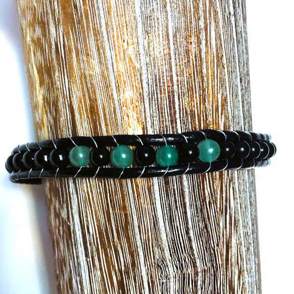 Green Aventurine leather Men's Bracelet Magnetic Clasp