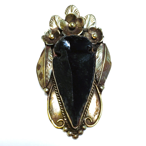 Large Black Natural Raw Obsidian Arrowhead Tibetan Silver Pendant