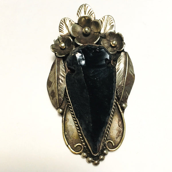 Large Black Natural Raw Obsidian Arrowhead Tibetan Silver Pendant