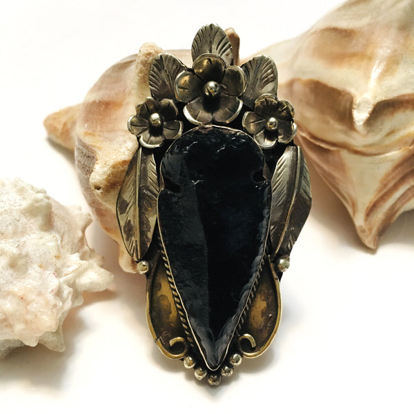 Large Black Natural Raw Obsidian Arrowhead Tibetan Silver Pendant