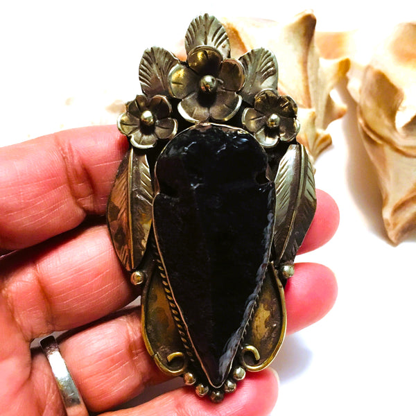 Large Black Natural Raw Obsidian Arrowhead Tibetan Silver Pendant