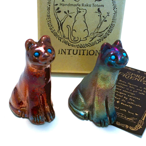 Raku Cat Intuition Spirit Friends Mini Figurine Glazed Raku Pottery 2"