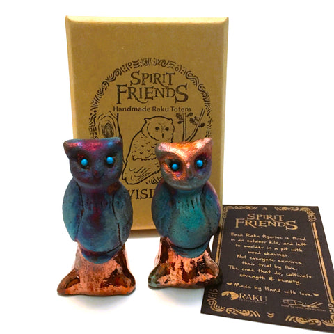 Raku Owl Wisdom Spirit Friends Mini Figurine Glazed Raku Pottery 2"