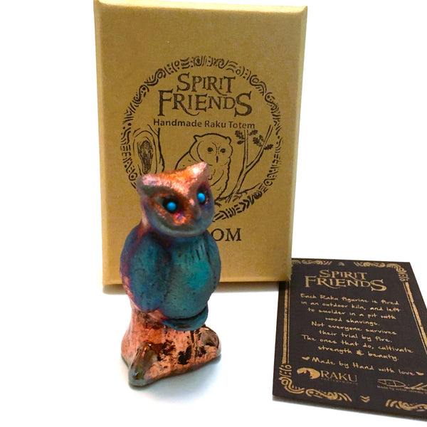 Raku Owl Wisdom Spirit Friends Mini Figurine Glazed Raku Pottery 2"
