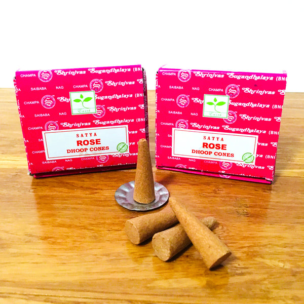 Satya Rose Nag Champa Dhoop Incense Cones, 12 Dhoop cones with Stand