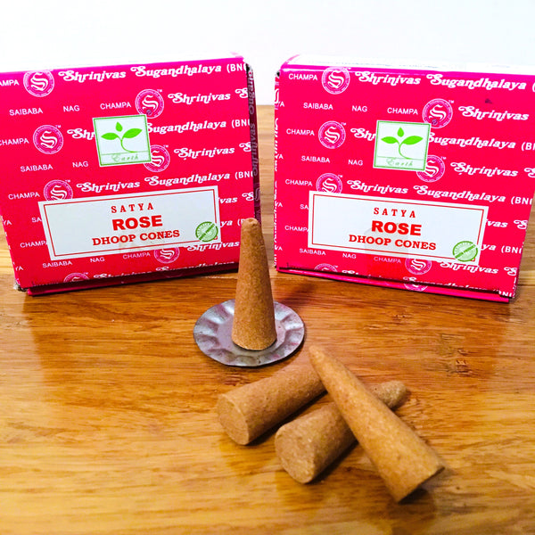 Satya Rose Nag Champa Dhoop Incense Cones, 12 Dhoop cones with Stand