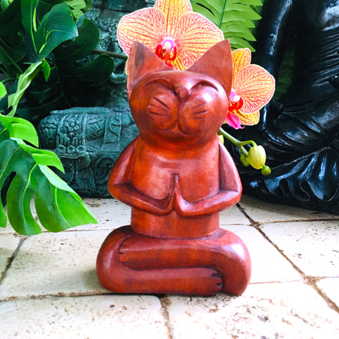 Meditating Praying Carved Yoga Cat Wood Statue Namaste Figurine