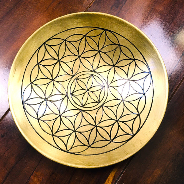 Brass plate with engraved Flower of Life, Offering  Bowl, Crystal Grid