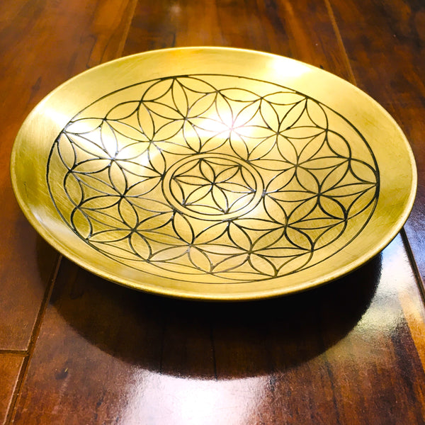 Brass plate with engraved Flower of Life, Offering  Bowl, Crystal Grid