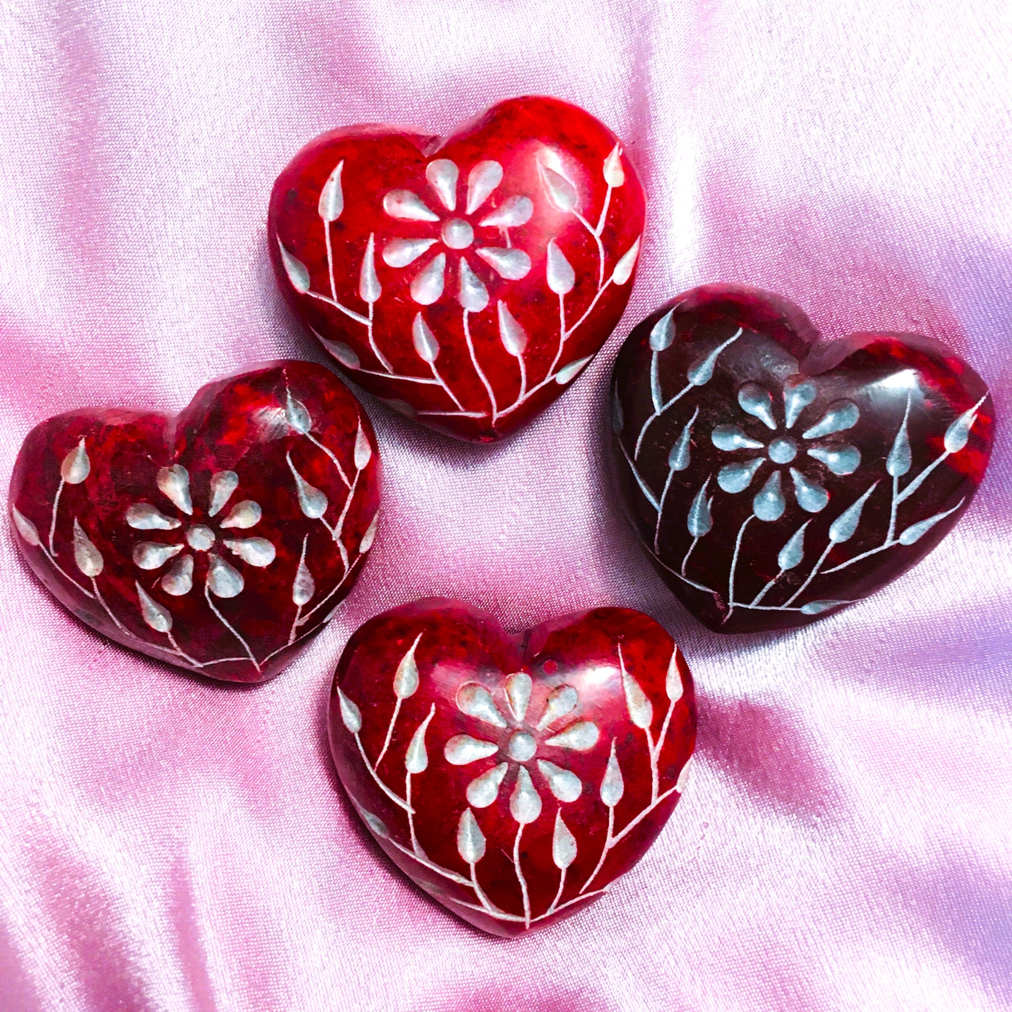 Red Carved Soapstone Heart Floral