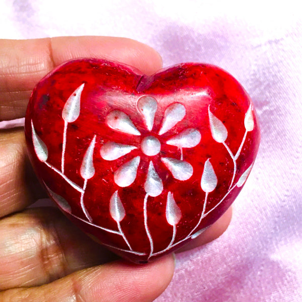Red Carved Soapstone Heart Floral