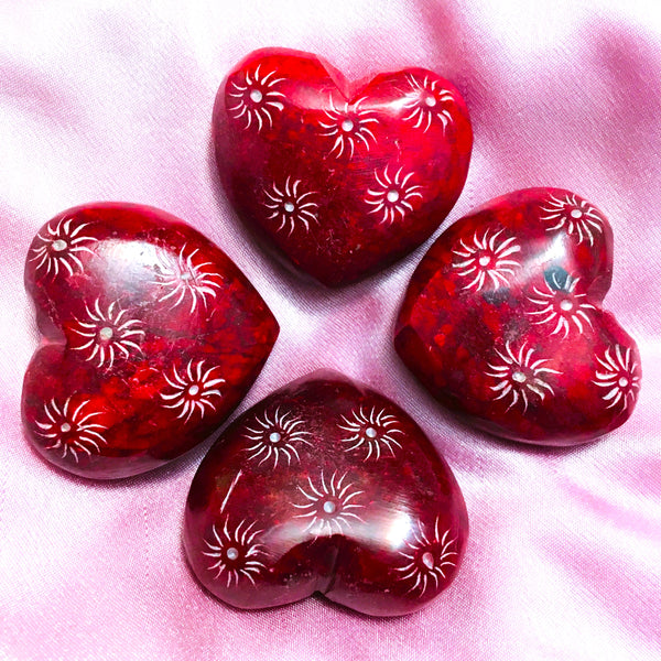 Red Carved Soapstone Puffy Heart with designs