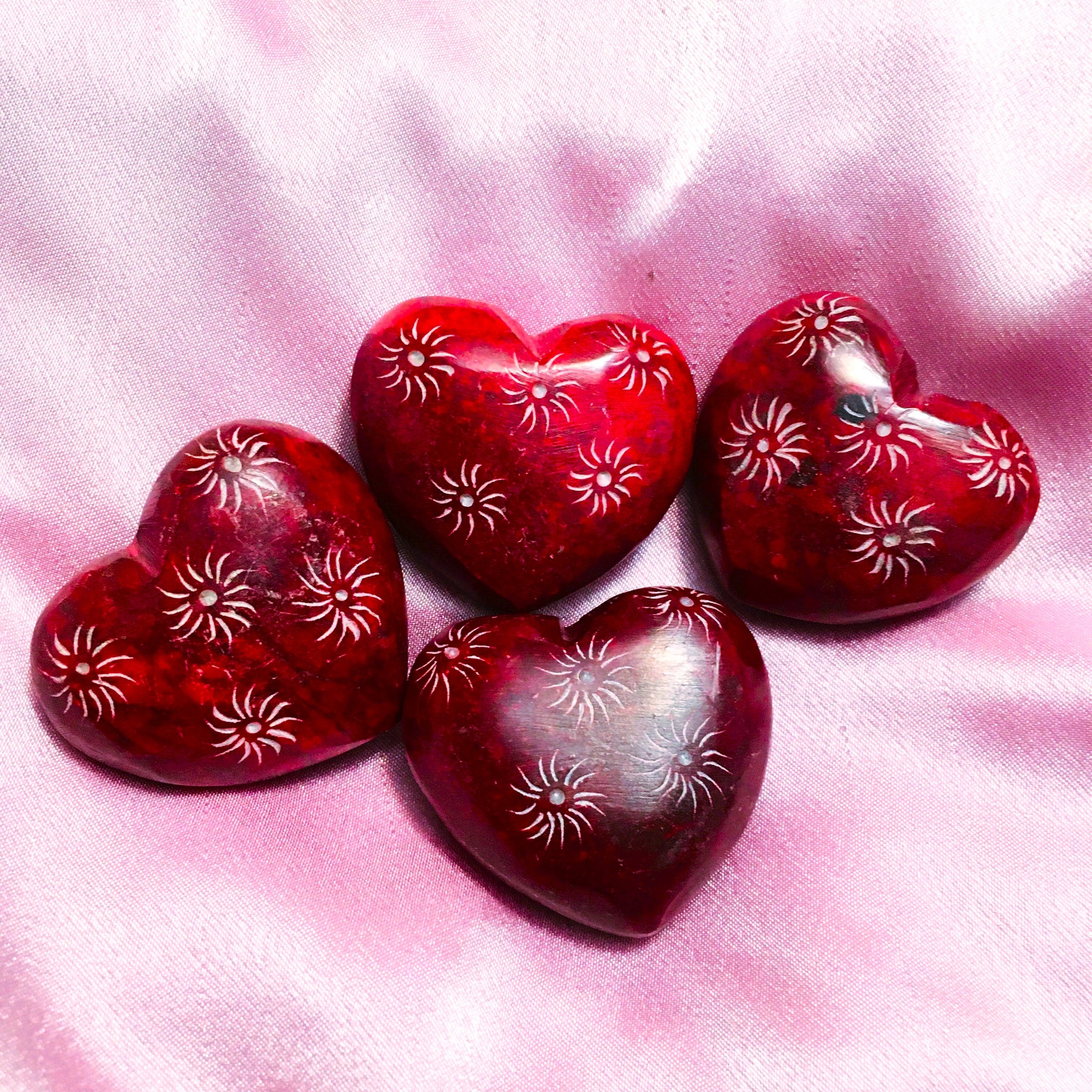 Red Carved Soapstone Puffy Heart with designs