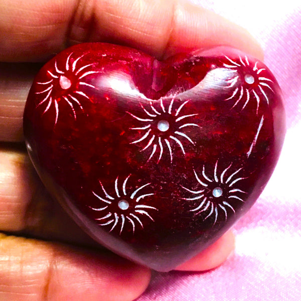 Red Carved Soapstone Puffy Heart with designs