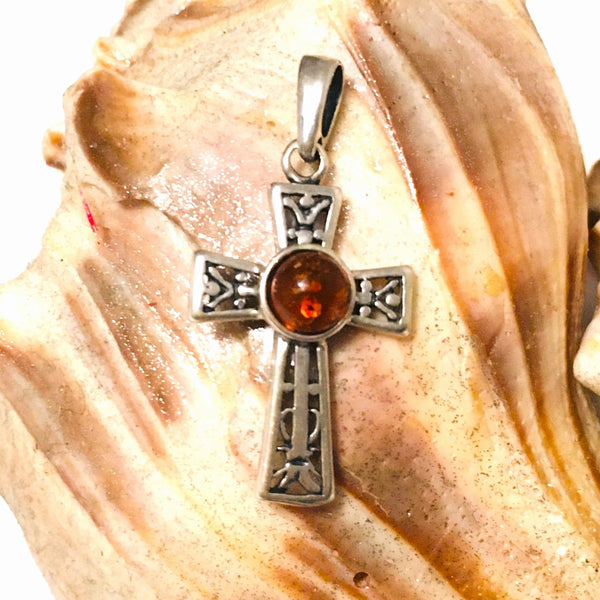 Celtic Cross Cognac Amber Pendant Sterling Silver 925