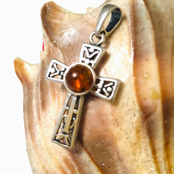 Celtic Cross Cognac Amber Pendant Sterling Silver 925