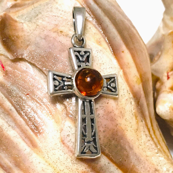 Celtic Cross Cognac Amber Pendant Sterling Silver 925