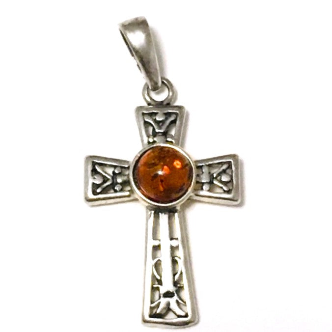 Celtic Cross Cognac Amber Pendant Sterling Silver 925