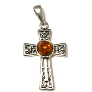 Celtic Cross Cognac Amber Pendant Sterling Silver 925