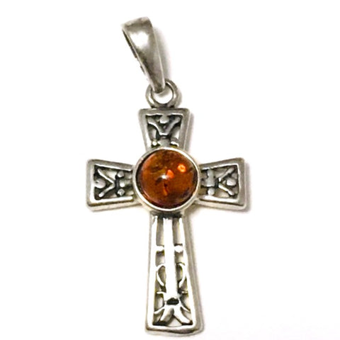 Celtic Cross Cognac Amber Pendant Sterling Silver 925