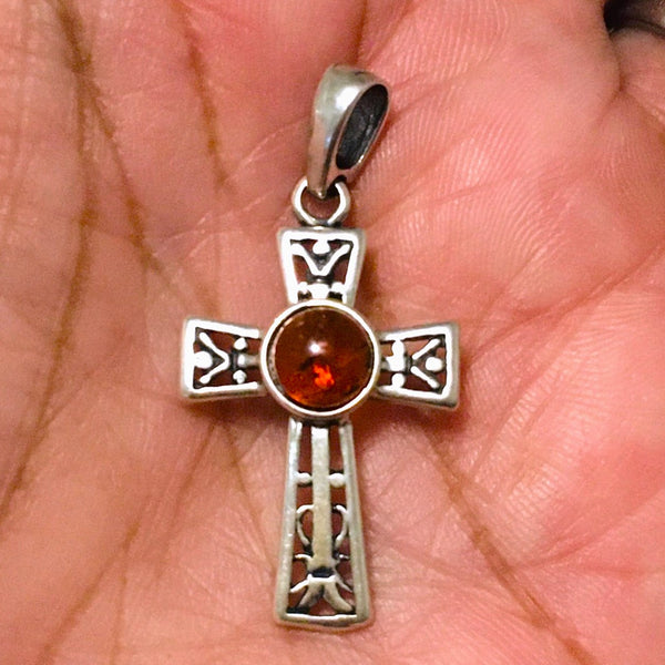 Celtic Cross Cognac Amber Pendant Sterling Silver 925
