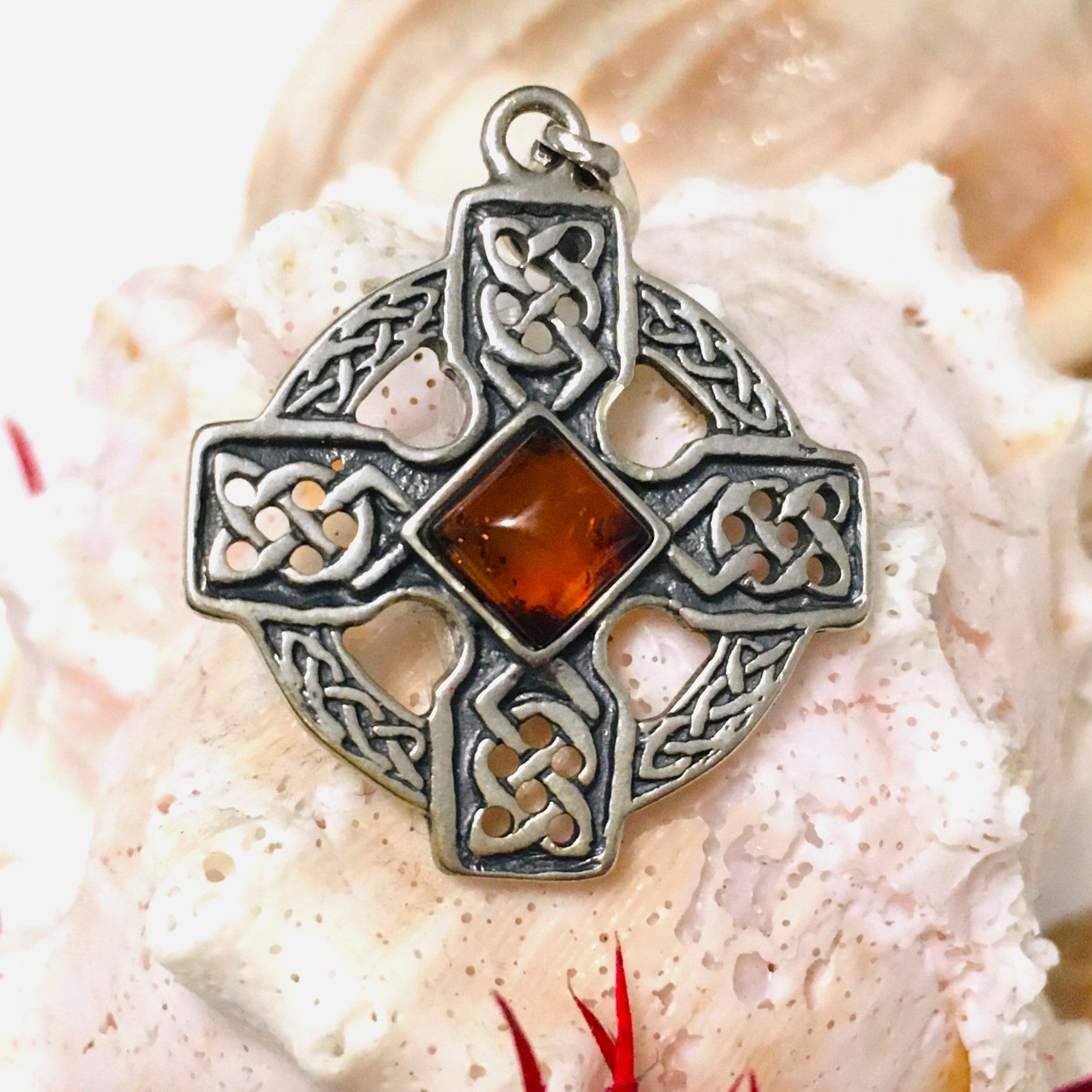 Celtic Cross Amber Circle Pendant Sterling Silver 925