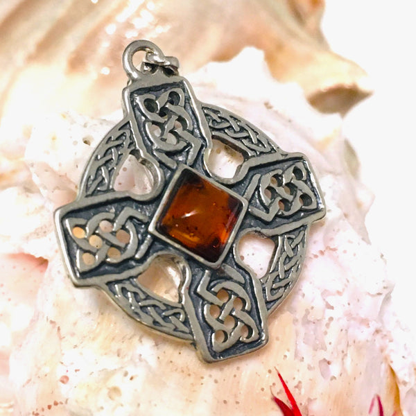 Celtic Cross Amber Circle Pendant Sterling Silver 925